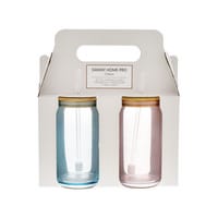 Danny Home Blue and Pink Shimmer Verre à boire 2x50cl Set avec couvercle en bambou et paille en verre