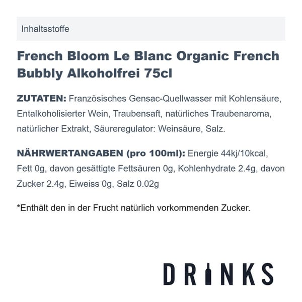 French Bloom Le Blanc Organic French Bubbly Alkoholfrei 75cl