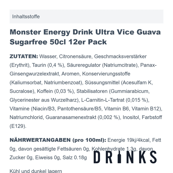 Monster Energy Drink Ultra Vice Guava Sugarfree 50cl Pack de 12