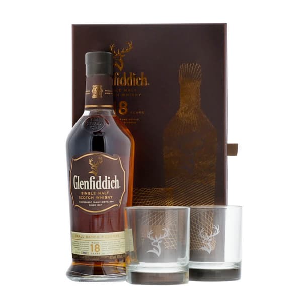 Glenfiddich 18 Years Single Malt Whisky Set mit 2 Gläsern 70cl