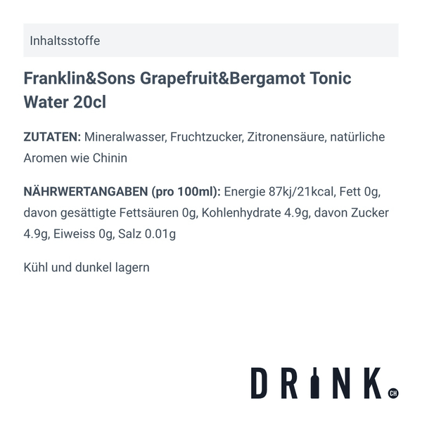 Franklin&Sons Pink Grapefruit & Bergamot Tonic Water 20cl, Pack de 4