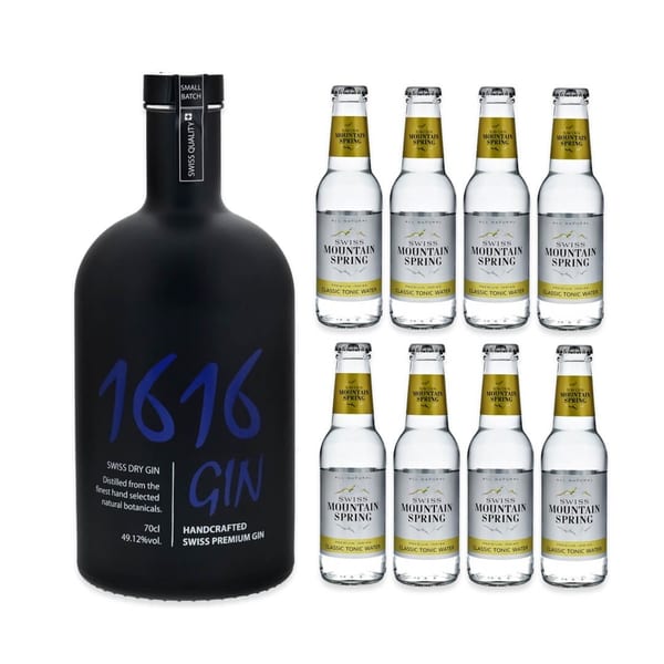 Langatun 1616 Gin 70cl mit 8x Swiss Mountain Spring Classic Tonic Water
