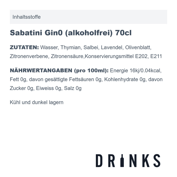 Sabatini 0 Non Alcoholic Distilled Spirit 70cl
