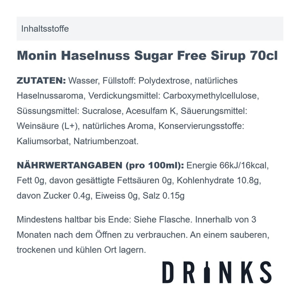 Monin Haselnuss Sugar Free Sirup 70cl