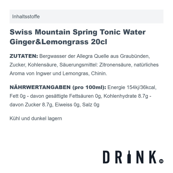 Swiss Mountain Spring Tonic Water Ginger & Lemongrass 20cl Pack de 4