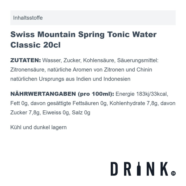 Swiss Mountain Spring Tonic Water Classic 20cl Pack de 4