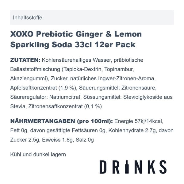 XOXO Prebiotic Ginger & Lemon Sparkling Soda 33cl Pack de 12