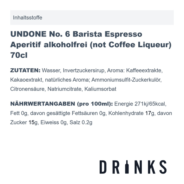 UNDONE No. 6 Barista Espresso Aperitif alkoholfrei (not Coffee Liqueur) 70cl