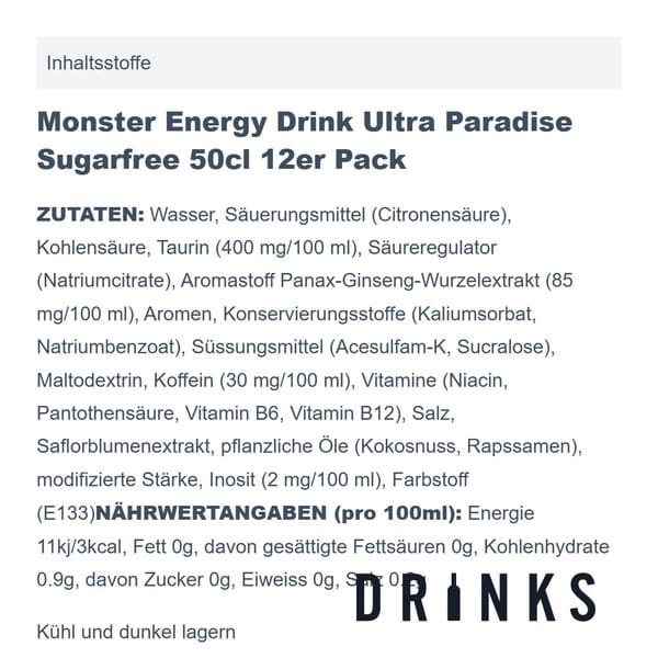 Monster Energy Drink Ultra Paradise Sugarfree 50cl Pack de 12