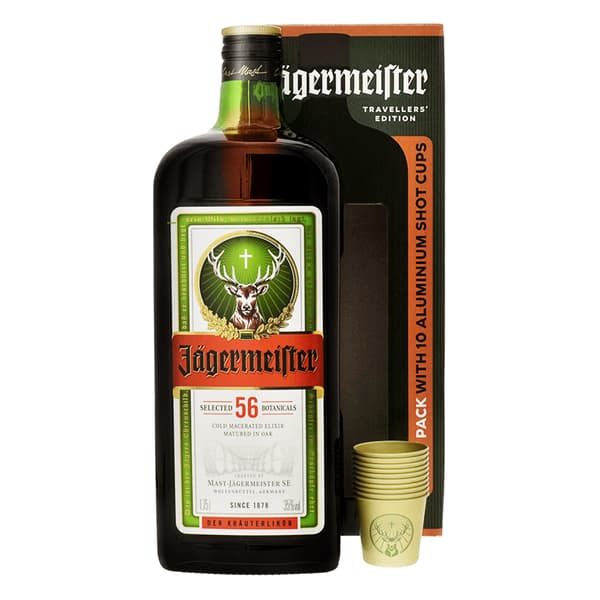 Jägermeister Liqueur d'Herbes 175cl Traveller's Exclusive Pack avec 10 aluminium Verres à Shot