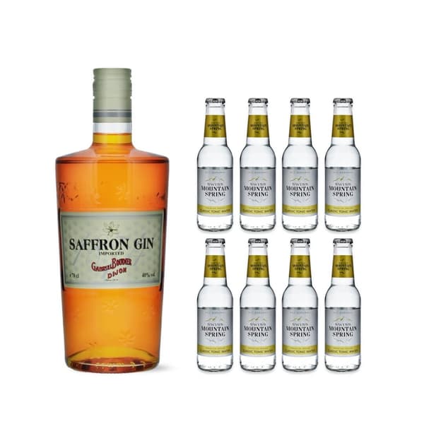 Saffron Gin Boudier 70cl mit 8x Swiss Mountain Spring Classic Tonic Water