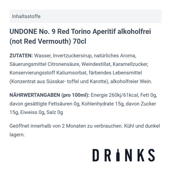 UNDONE No. 9 Red Torino Aperitif alkoholfrei (not Red Vermouth) 70cl