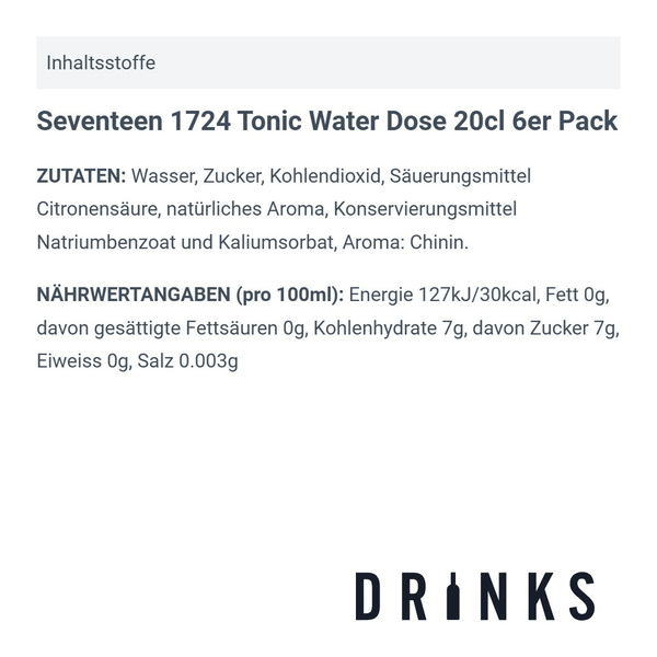 Seventeen 1724 Tonic Water Cannette 20cl Pack de 6