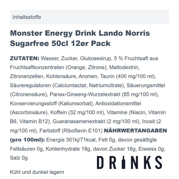 Monster Energy Drink Lando Norris Sugarfree 50cl Pack de 12