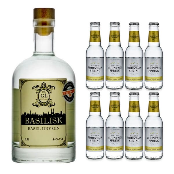 Basilisk Basel Dry Gin 50cl mit 8x Swiss Mountain Spring Classic Tonic Water