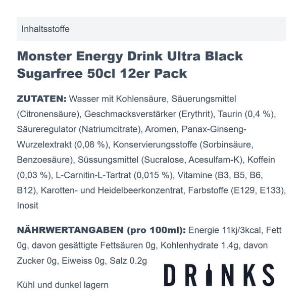 Monster Energy Drink Ultra Black Sugarfree 50cl 12er Pack