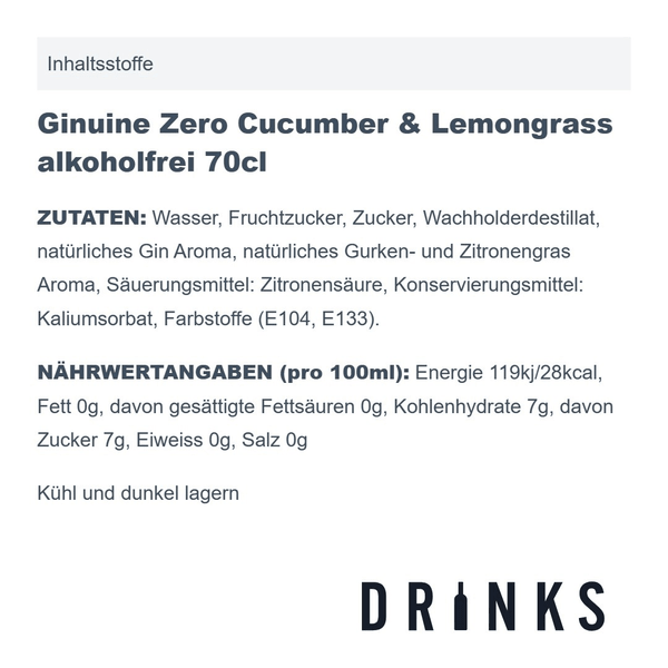 Ginuine Zero Cucumber & Lemongrass alkoholfrei 70cl