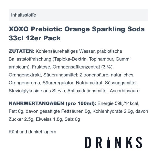 XOXO Prebiotic Orange Sparkling Soda 33cl Pack de 12