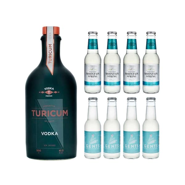 Turicum Vodka 50cl mit 4x Swiss Mountain Spring Bitter Lemon und 4x Gents Bitter Lemon