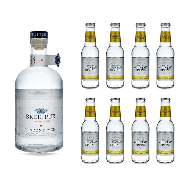 Breil Pur London Dry Gin mit 8x Swiss Mountain Spring Classic Tonic Water