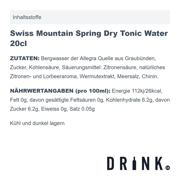 Swiss Mountain Spring Dry Tonic Water 20cl Pack de 4