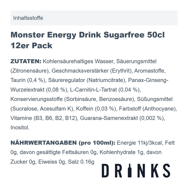 Monster Energy Drink Sugarfree 50cl Pack de 12