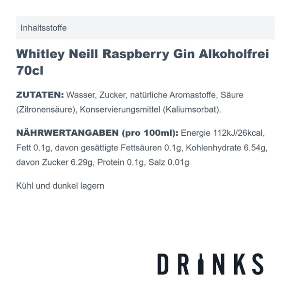 Whitley Neill Raspberry Alcohol Free Spirit 70cl
