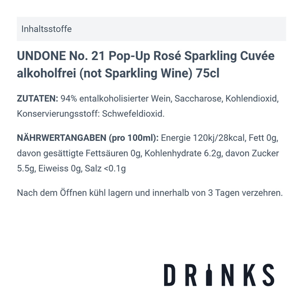 UNDONE No. 21 Pop-Up Rosé Sparkling Cuvée sans alcool (not Sparkling Wine) 75cl