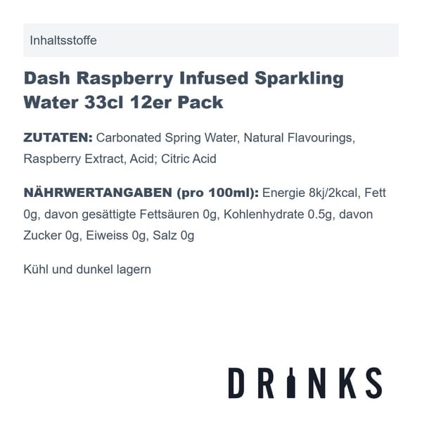 Dash Raspberry Infused Sparkling Water 33cl Pack de 12