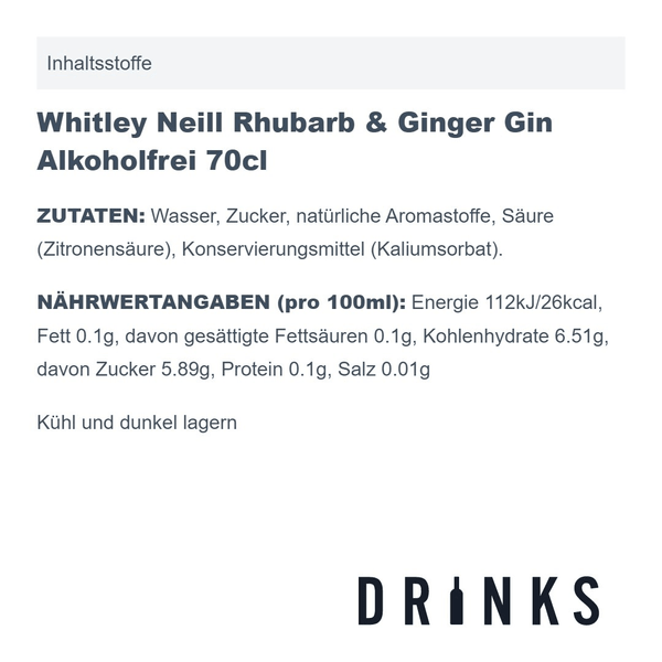 Whitley Neill Rhubarb & Ginger Alcohol Free Spirit 70cl