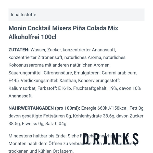 Monin Cocktail Mixers Piña Colada Mix Sans alcool 100cl