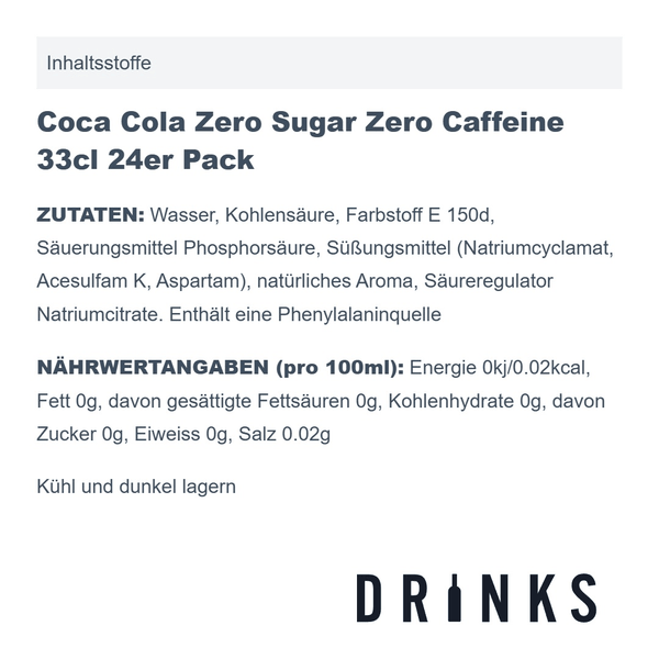 Coca Cola Zero Sugar Zero Caffeine 33cl 24er Pack
