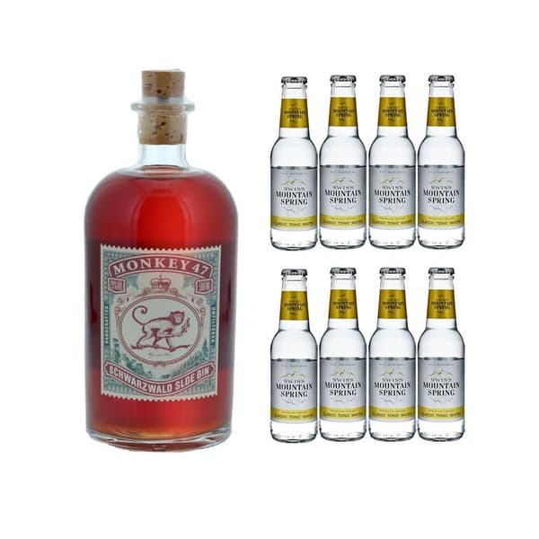 Monkey 47 Sloe Gin 50cl mit 8x Swiss Mountain Spring Classic Tonic Water