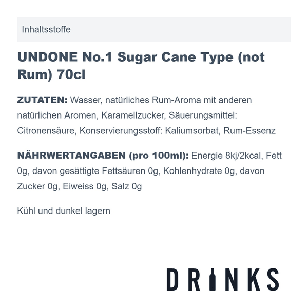 UNDONE No.1 Sugar Cane Type alkoholfrei (not Rum) 70cl