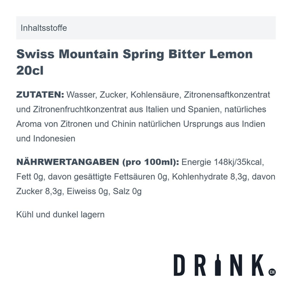 Swiss Mountain Spring Bitter Lemon 20cl Pack de 4