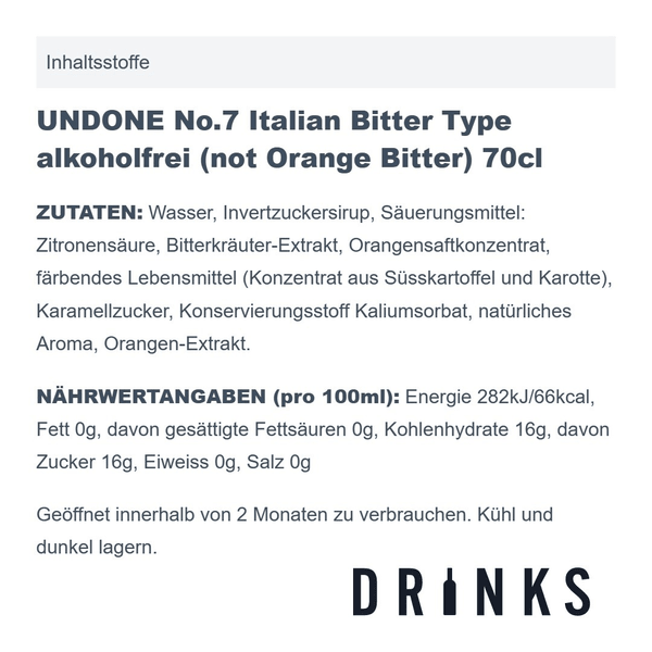 UNDONE No. 7 Italian Bitter Aperitif sans alcool (not Orange Bitter) 70cl