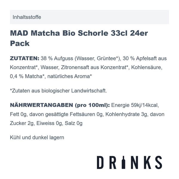 MAD Schorle Matcha Bio Apple & Green Tea 33cl Pack de 24