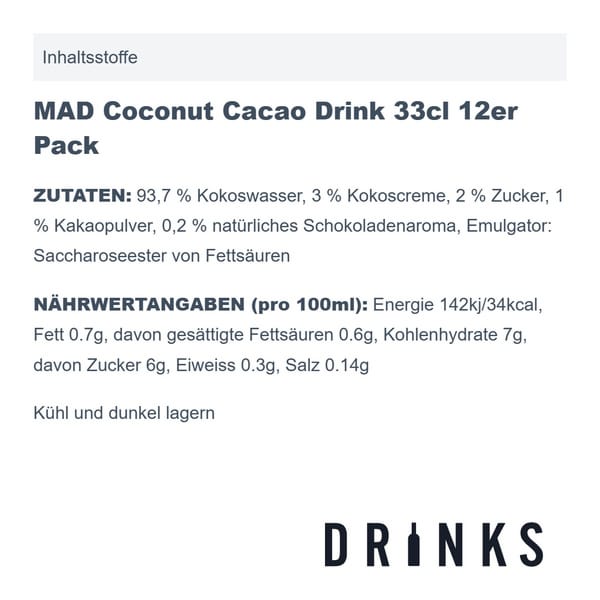 MAD Coconut Cacao Drink Coconut Based 33cl Pack de 12