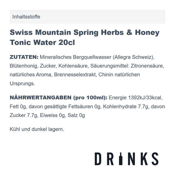 Swiss Mountain Spring Herbs & Honey Tonic Water 20cl 4er Pack