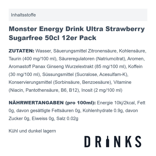 Monster Energy Drink Ultra Strawberry Sugarfree 50cl 12er Pack