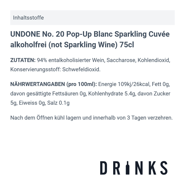 UNDONE No. 20 Pop-Up Blanc Sparkling Cuvée alkoholfrei (not Sparkling Wine) 75cl