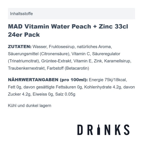 MAD Vitamin Water Peach + Zinc 33cl Pack de 24