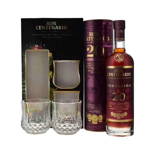Centenario 20 Años Rum 70cl, Set avec 2 verres Tumbler