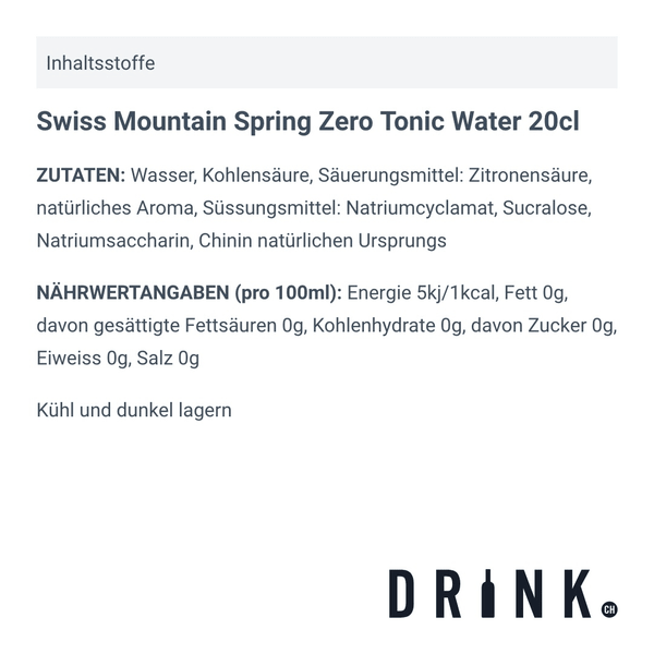 Swiss Mountain Spring Zero Classic Tonic Water 20cl, 4er-Pack