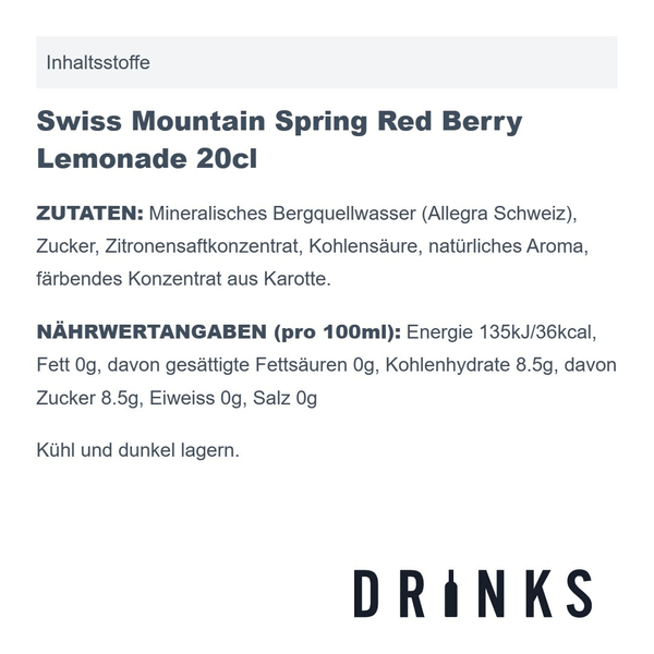 Swiss Mountain Spring Red Berry Lemonade 20cl Pack de 4