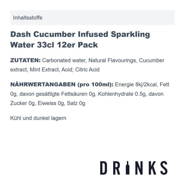 Dash Cucumber Infused Sparkling Water 33cl Pack de 12
