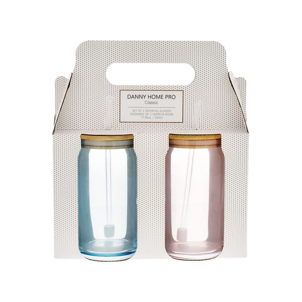 Danny Home Blue and Pink Shimmer Verre à boire 2x50cl Set avec couvercle en bambou et paille en verre