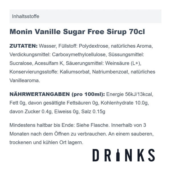Monin Vanille Sugar Free Sirup 70cl